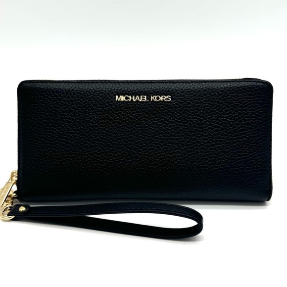 Michael Kors Large Continental Wallet Wristlet Black/Gold - Picture 1 of 10